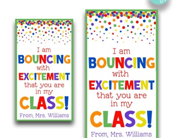 May include: Two printable signs with a colorful confetti background. The text on the signs reads "I am bouncing with excitement that you are in my class!" and "From, Mrs. Williams". The signs are available in two sizes: 2 inches by 3.5 inches and 2.5 inches by 4.5 inches.
