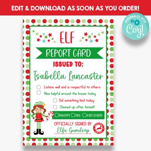 Tarjeta de calificaciones de elfo elfo EDITABLE / Boleta de calificaciones de elfo imprimible / Imprimible de Navidad para niños / Imprimibles de elfos
