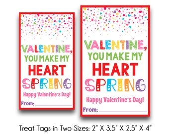 May include: Two printable Valentine's Day treat tags with a colorful confetti background. The text on the tags reads "Valentine, you make my heart spring" and "Happy Valentine's Day!" with a line for "From:". The tags are available in two sizes: 2" x 3.5" and 2.5" x 4".