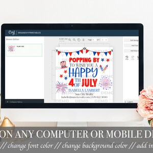 Pu&ograve; includere: Un modello di design digitale per un biglietto d'auguri del 4 luglio. Il design presenta i colori rosso, bianco e blu, stelle, fuochi d'artificio e il testo "Popping by to wish you a Happy 4th of July".