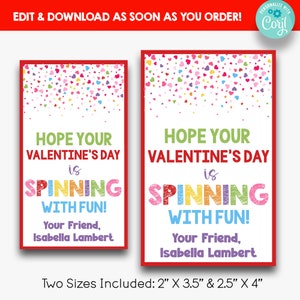 BEWERKBAAR Ik hoop dat je Valentijnsdag draait met leuke traktatietags | Spin Fidget Valentijn Cadeaukaartjes | Afdrukbare klasse Valentijnsdag | 2 maten