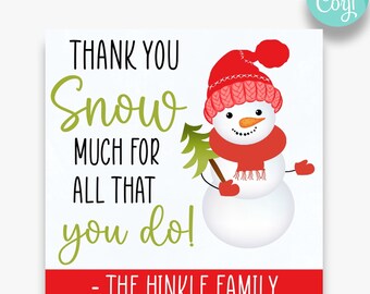 May include: A red and white snowman with a green tree branch in one hand and a red mitten on the other. The snowman is wearing a red knit hat and scarf. The text reads "Thank you snow much for all that you do! - The Hinkle Family".