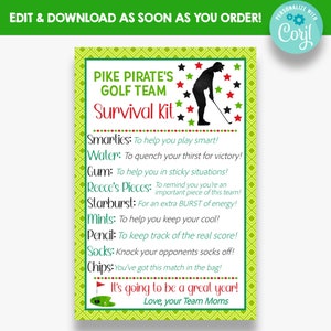 Kit de survie de golf MODIFIABLE Tag | Idée cadeau pour l’équipe de golf | Étiquettes cadeaux de la trousse de survie sportive scolaire | Étiquette cadeau golfeur imprimable
