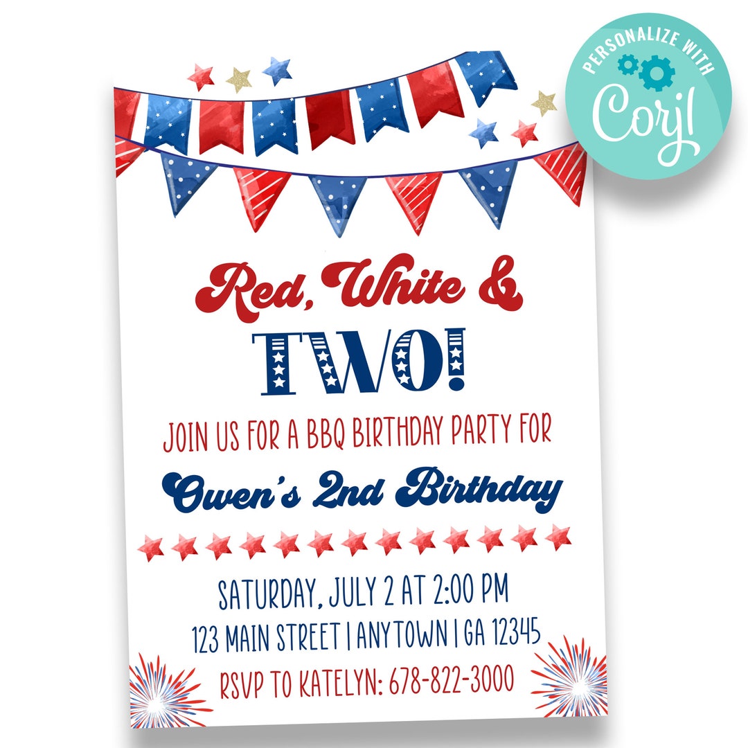 Editable Red White &amp; Two Birthday Invitation Patriotic Birthday ...
