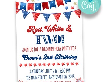 May include: Red, white, and blue birthday party invitation with a watercolor design of bunting flags and fireworks. The text reads "Red, White & TWO! Join us for a BBQ birthday party for Owen's 2nd Birthday. Saturday, July 2 at 2:00 PM. 123 Main Street | Anytown | GA 12345. RSVP to Katelyn: 678-822-3000."