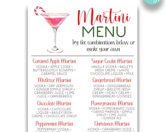 May include: A printable Christmas martini menu with a red and white candy cane and a martini glass with a pink drink. The menu lists different martini recipes with ingredients like vodka, apple cider, butterscotch schnapps, caramel sauce, dry vermouth, ginger simple syrup, cranberry juice, lime juice, cranberries, chocolate liqueur, Bailey's Irish creme, chocolate syrup, peppermint vodka, coffee liqueur, milk, crushed candy canes, vanilla vodka, Baileys Irish creme, white chocolate liqueur, milk, gingerbread syrup, Bailey's Irish cream, heavy cream, gingerbread cookies, pomegranate juice, Grand Marnier, simple syrup, lime juice, ginger ale, cranberry juice, Grand Marnier, tangerine juice, and cinnamon stick.