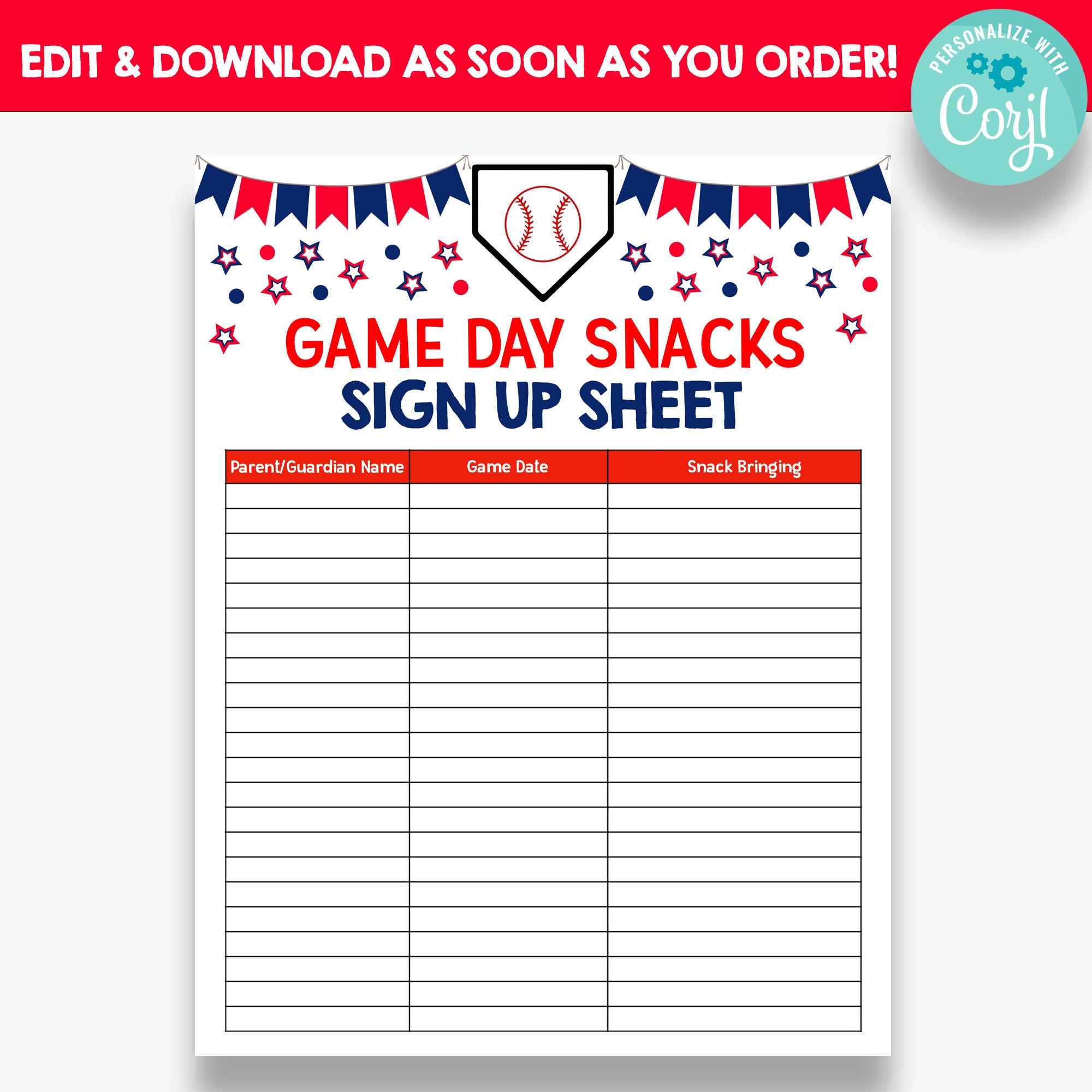 EDITABLE Baseball Snack Sign up Sheet Game Day Snacks Sign Etsy