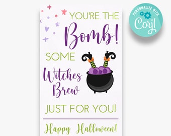 May include: A purple and green Halloween gift tag with a witch's cauldron and the text "You're the Bomb! Some Witches Brew Just For You! Happy Halloween! Love, Katie"