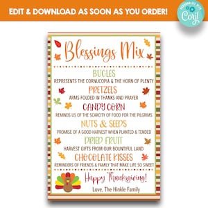 EDITABLE Thanksgiving Blessings Mix Treat Bag Tag | Fall Appreciation Gift Tag | Blessings Mix Rectangle Favor Tags | Thanksgiving Favors