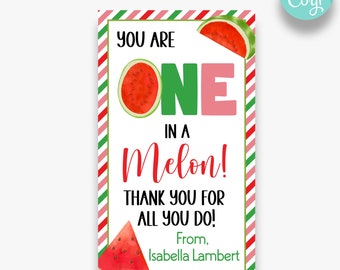 EDITABLE You Are One In a Melon Rectangle Appreciation Gift Tags | Watermelon Themed Thank You Tags | Teacher or Staff Appreciation Gifts