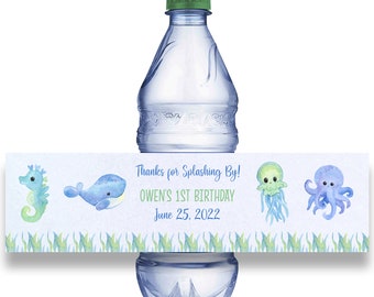 EDITABILE Sotto il mare Etichette per bottiglie d'acqua di compleanno / Grazie per splashing by Labels / Blue Green Ocean Labels per bottiglie d'acqua / WB109