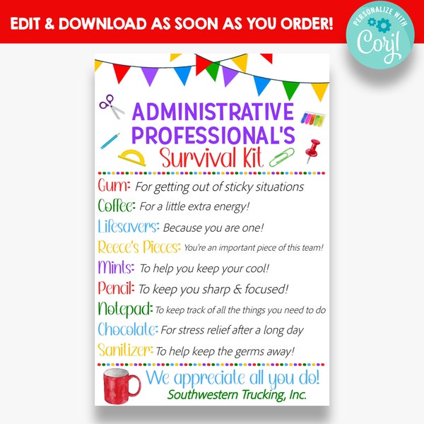 EDITABLE Administrative Professional's Survival Kit Tag | Administraive Assistant Gift Idea | Printable Appreciation Gift Tags