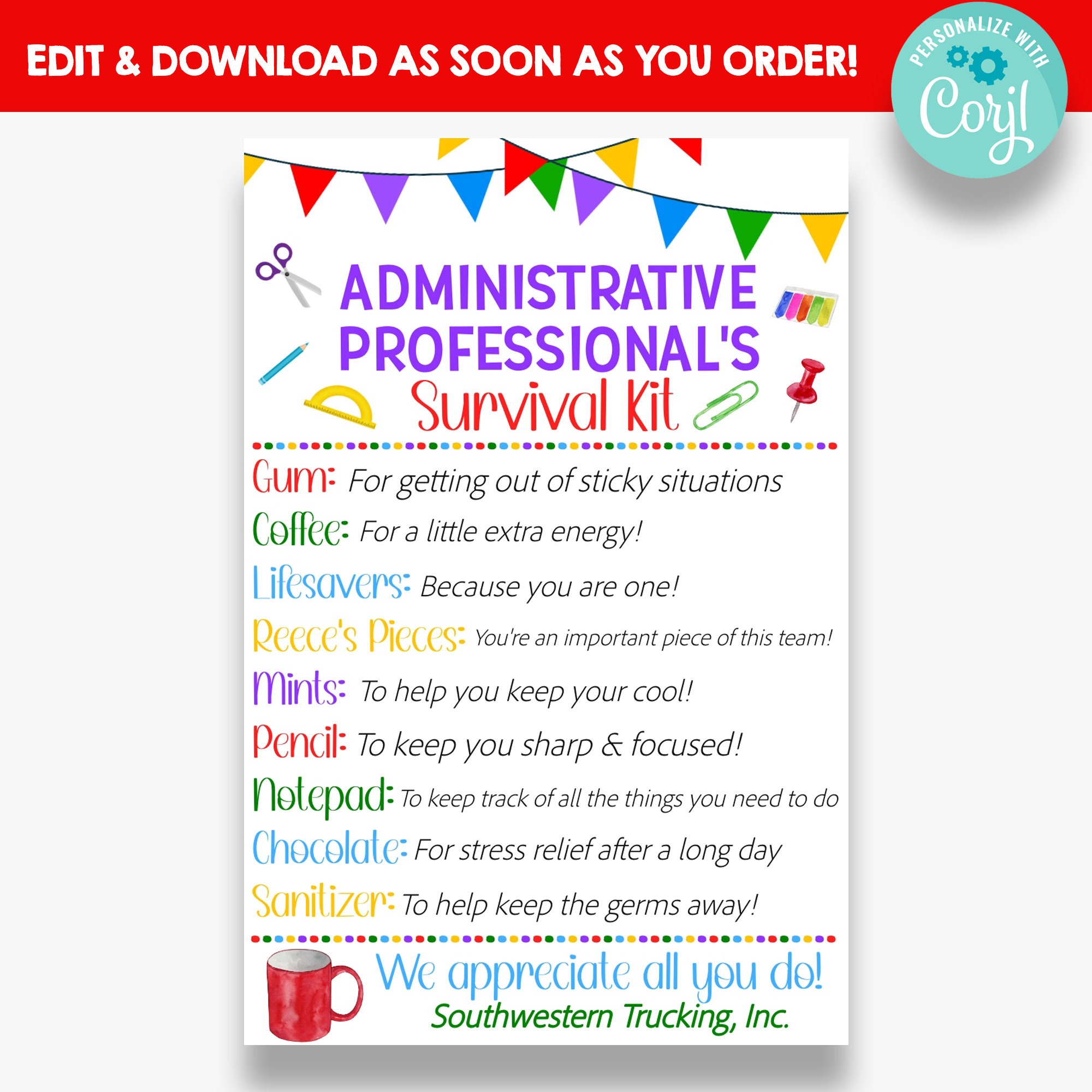 EDITABLE Administrative Professional's Survival Kit Tag Etsy