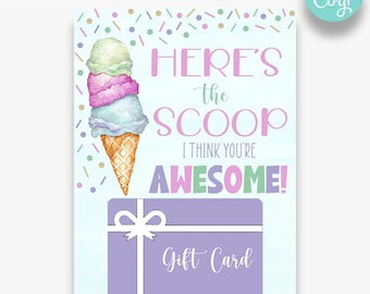 Titular de la tarjeta de regalo de helado EDITABLE / Aquí está el regalo de agradecimiento de Scoop Ice Cream / Etiqueta de regalo de agradecimiento del maestro / Etiqueta de regalo de helado