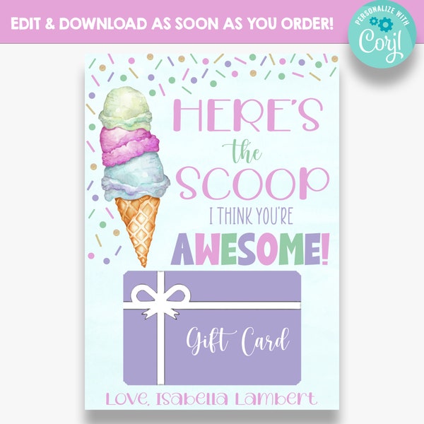 EDITABLE Ice Cream Gift Card Holder | Here's the Scoop Ice Cream Appreciation Gift | Teacher Appreciation Gift Tag | Ice Cream Gift Tag