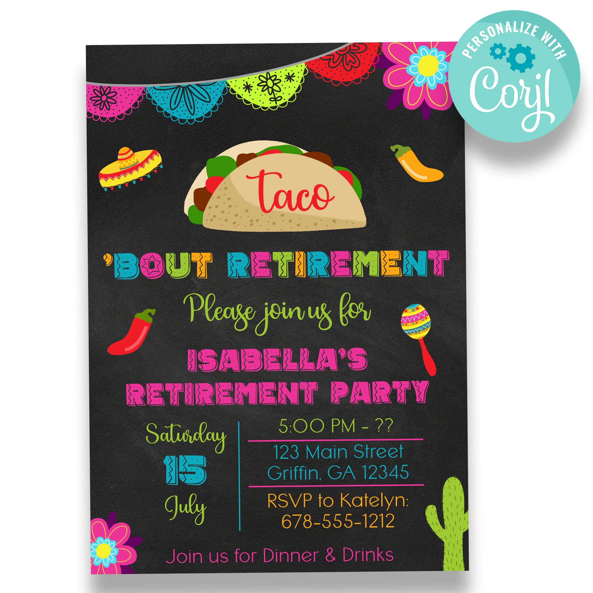 EDITABLE Taco Bout Retirement Invitation Fiesta Themed Retirement Party Invitation Mexican Themed Invite Black Background