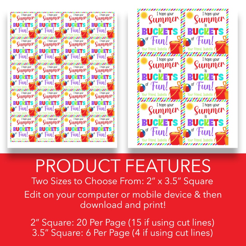 EDITABLE Hope Your Summer is Buckets of Fun Kids Gift Tags Etsy