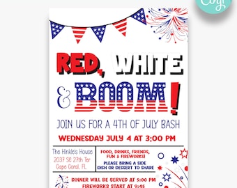 May include: A patriotic invitation for a 4th of July bash. The design features red, white, and blue colors with text that reads "RED, WHITE & BOOM!" and details about the event, including the date, time, and location.