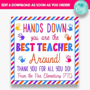 EDITABLE Hands Down You are the Best Teacher Around Gift Tags | Printable Gift Tags for Teacher Appreciation | Teacher Thank You Labels
