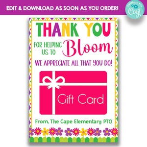 EDITABLE Thank You For Helping Us To Bloom Gift Card Holder | Printable Teacher Appreciation Gift | Thank You Gift Card Insert