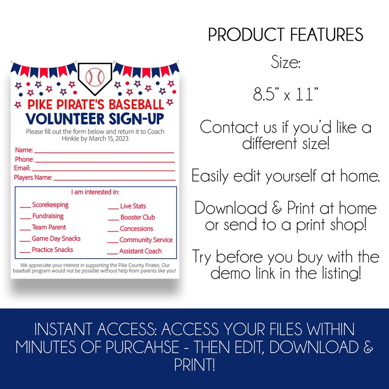 Baseball Intake Form EDITABLE Baseball Volunteer Sign up Form | Printable Sports Volunteer ...