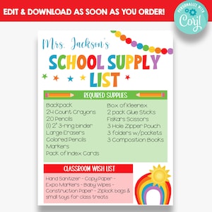 EDITABLE Rainbow School Supply List Imprimible / Lista de suministros de la escuela primaria / Lista de suministros de regreso a la escuela