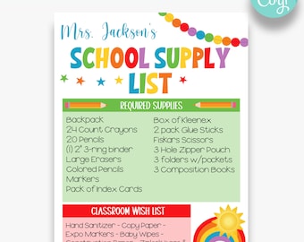 EDITABLE Rainbow School Supply List Printable | Elementary School Supply List | Back to School Supply List