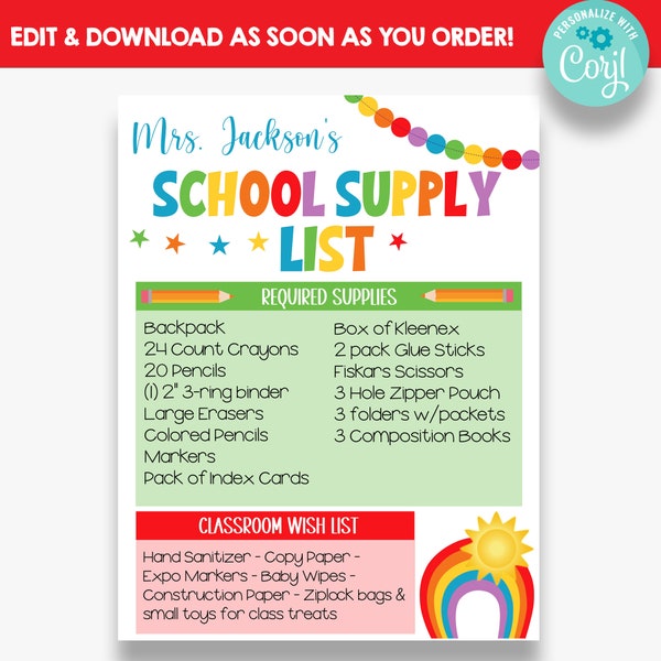 EDITABLE Rainbow School Supply List Printable | Elementary School Supply List | Back to School Supply List