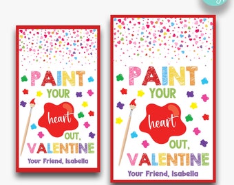 Puede incluir: Dos tarjetas de San Valentín imprimibles que muestran un pincel y una salpicadura de pintura roja con el texto "Pinta tu corazón, Valentín". Las tarjetas están decoradas con corazones y estrellas de colores. El texto "Tu amigo, Isabella" está incluido en ambas tarjetas. Las tarjetas están disponibles en dos tamaños: 2 pulgadas por 3,5 pulgadas y 2,5 pulgadas por 4 pulgadas.