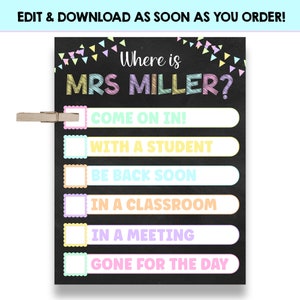 EDITABLE Where is the Teacher Sign | Pastel Chalkboard Where is the Teacher Classroom Sign | Printable Where&#39;s the Teacher | NL106