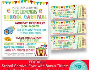 May include: A colorful flyer for a school carnival at Pike Elementary School. The flyer includes a cannon, a circus tent, and tickets for the event. The carnival is on Saturday, October 22 from 2:00 to 8:00 PM at the Pike Elementary School Gym. Tickets are $5.00 per student.