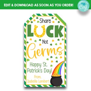 EDITABLE Share Luck Not Germs St. Patrick&#39;s Day Gift Bag Tags | Shamrock Treat Bag Tags | Printable St. Patrick&#39;s Day Favor Tags