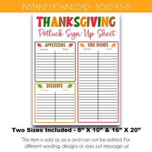 Puede incluir: Hoja de inscripción para un potluck de Acción de Gracias con secciones para aperitivos, guarniciones y postres. La hoja tiene un tema otoñal con hojas naranjas, rojas y verdes.