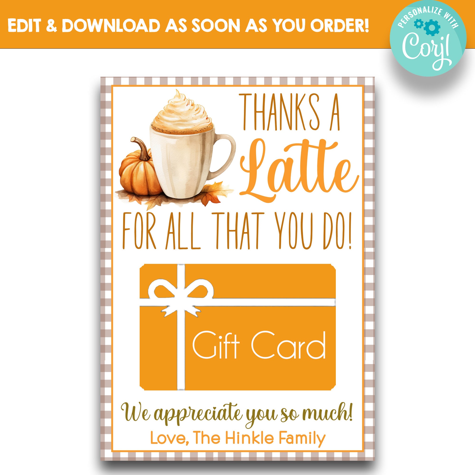EDITABLE Thanks a Latte for All You Do Gift Card Holder | Fall Themed ...