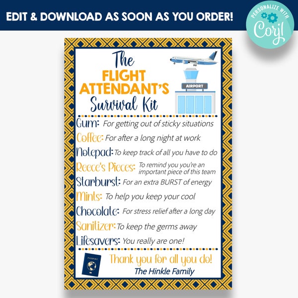 EDITABLE Flight Attendant's Survival Kit Tag | Flight Attendant Thank You Gift Idea | Printable Airline Travel Appreciation Gift Tags