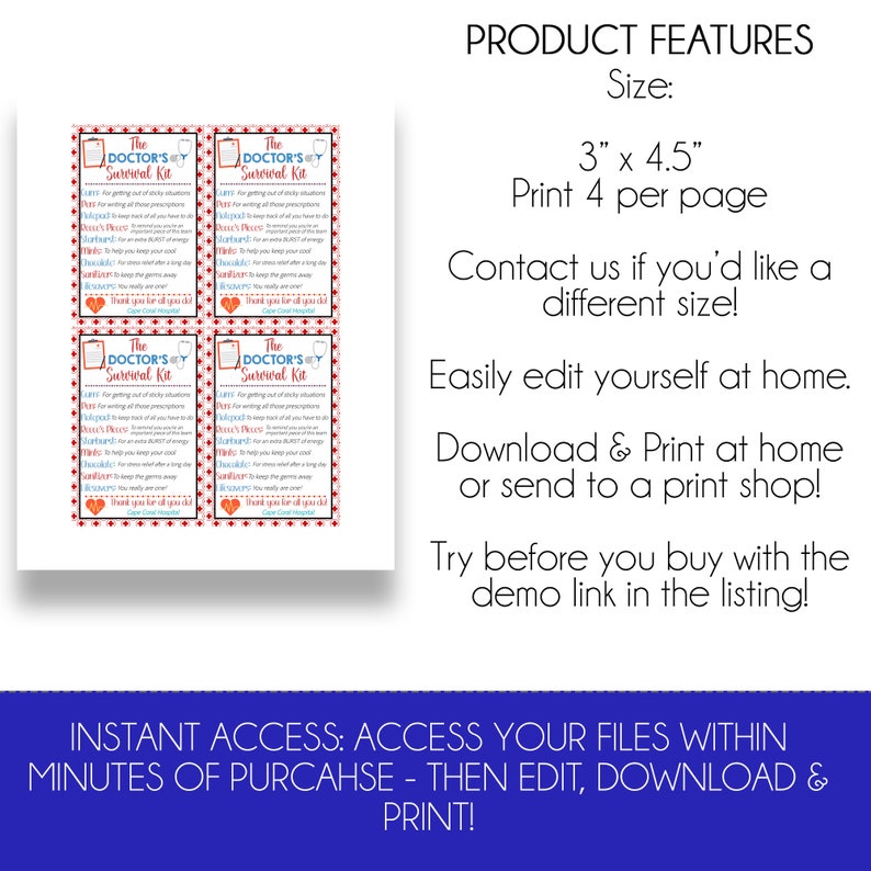 May include: A printable "Doctor's Survival Kit" template with four cards per page, each 3" x 4.5". The cards have a red and white border and include text. The image also includes product feature details and instructions.