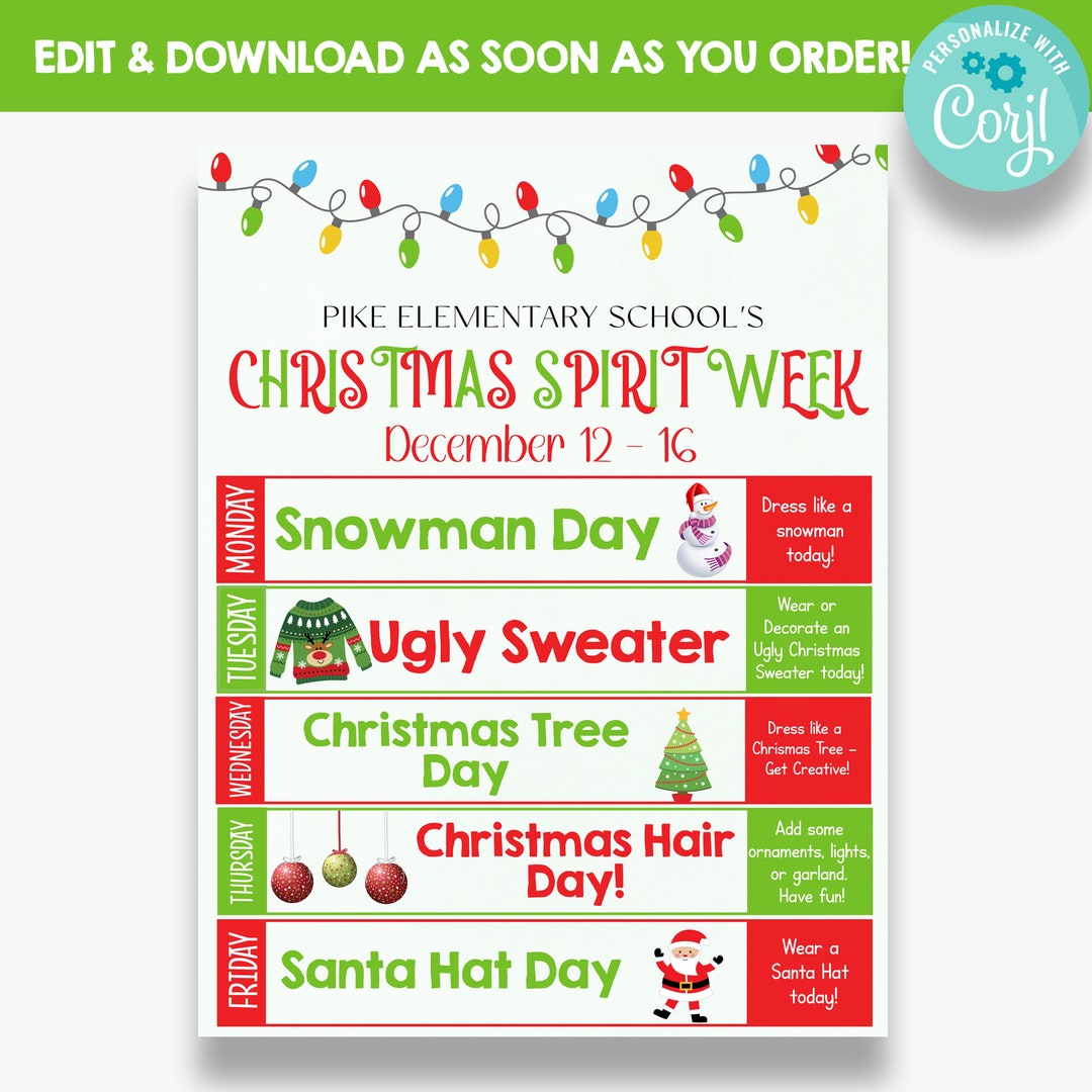 EDITABLE Christmasl Spirit Week Flyer Printable Winter Spirit Week EDITABLE Christmasl Spirit Week Flyer Printable Winter Spirit Week