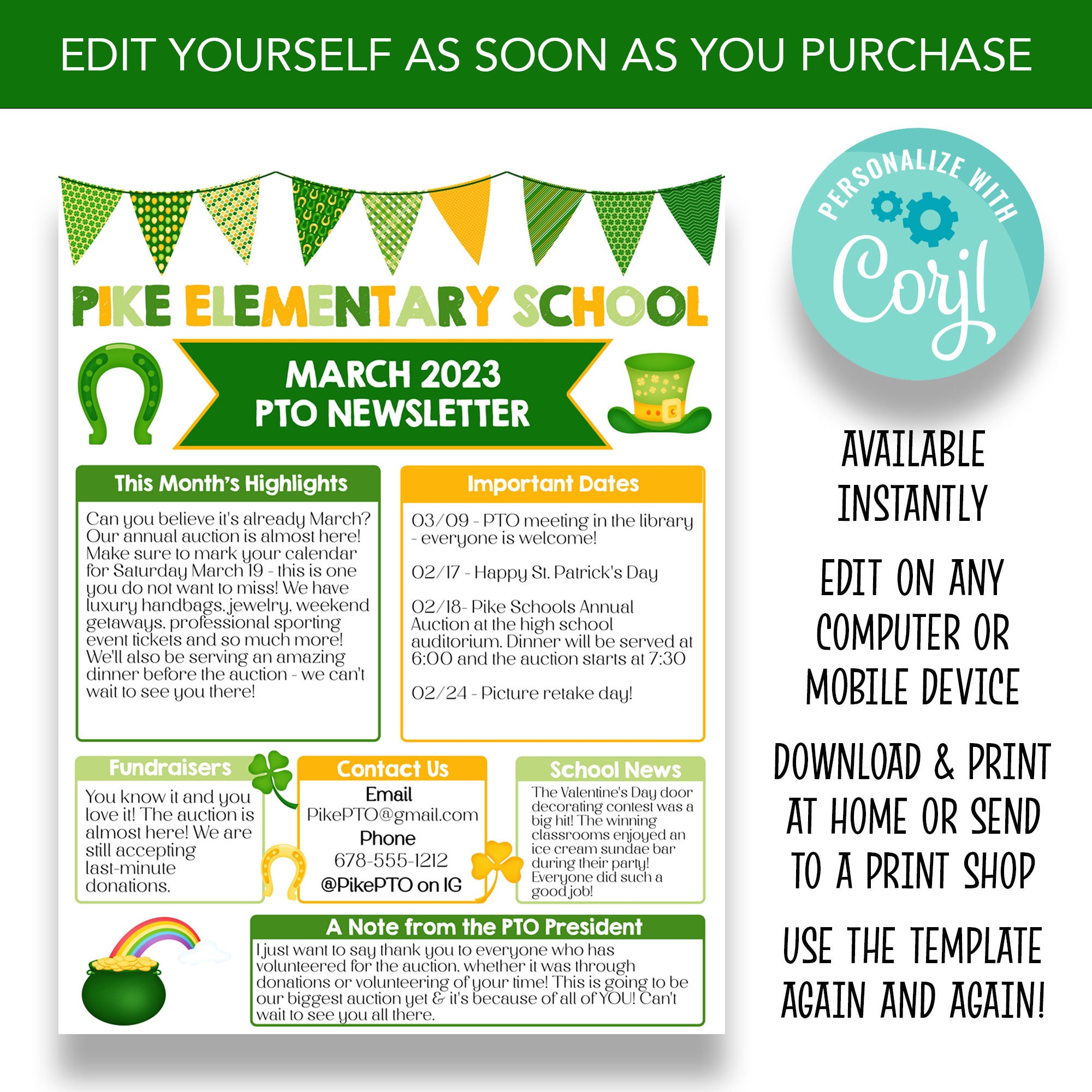 EDITABLE PTO School Newsletter March PTA Newsletter Template - Etsy