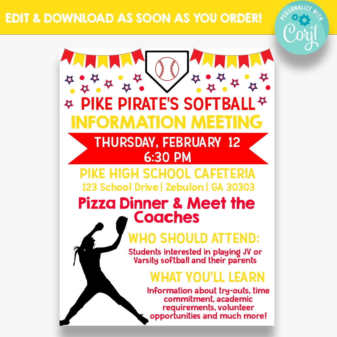 EDITABLE Softball Information Meeting Flyer Softball Team Flyer