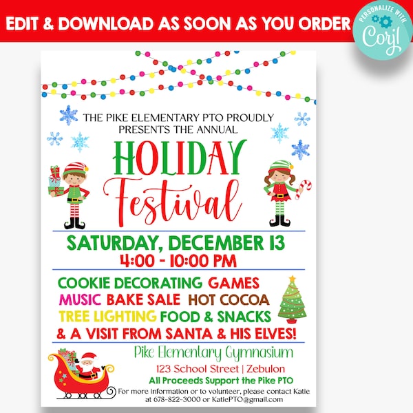 EDITABLE Holiday Festival Flyer | Christmas Festival Fundraiser | PTO Flyers | Church Festival Flyer