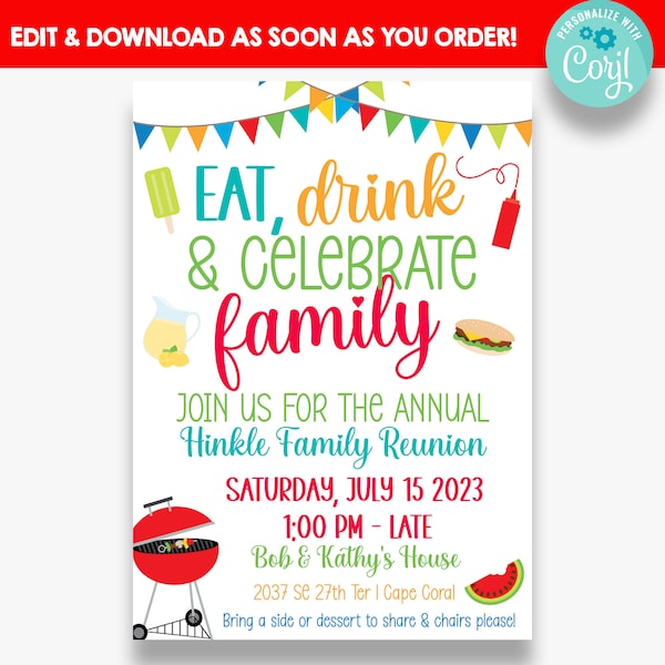 EDITABLE Family Reunion Invitation | Eat Drink & Celebrate Family Reunion Invitation | Printable Invitation for Family Reunion