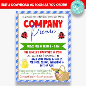 EDITABLE Company Picnic Flyer with Bonus Sign Up Sheet | Summer Company Party Flyer | Printable Company Family Picnic Invitations
