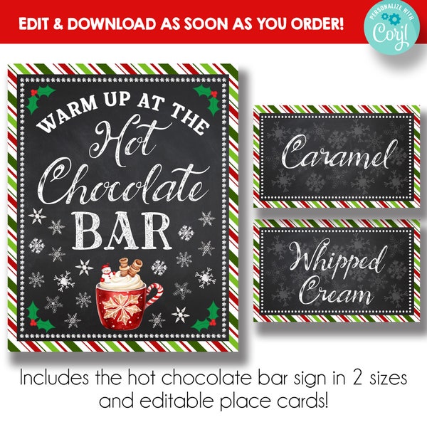 EDITABLE Christmas Hot Chocolate Bar Sign | Warm Up At The Hot Chocolate Bar Sign with Place Cards | Hot Chocolate Topping Table Tents