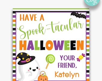 May include: A printable Halloween card with a cute ghost wearing a witch's hat and holding a bucket of candy. The card says "Have a Spook-tacular Halloween" and "Your Friend, Katelyn".
