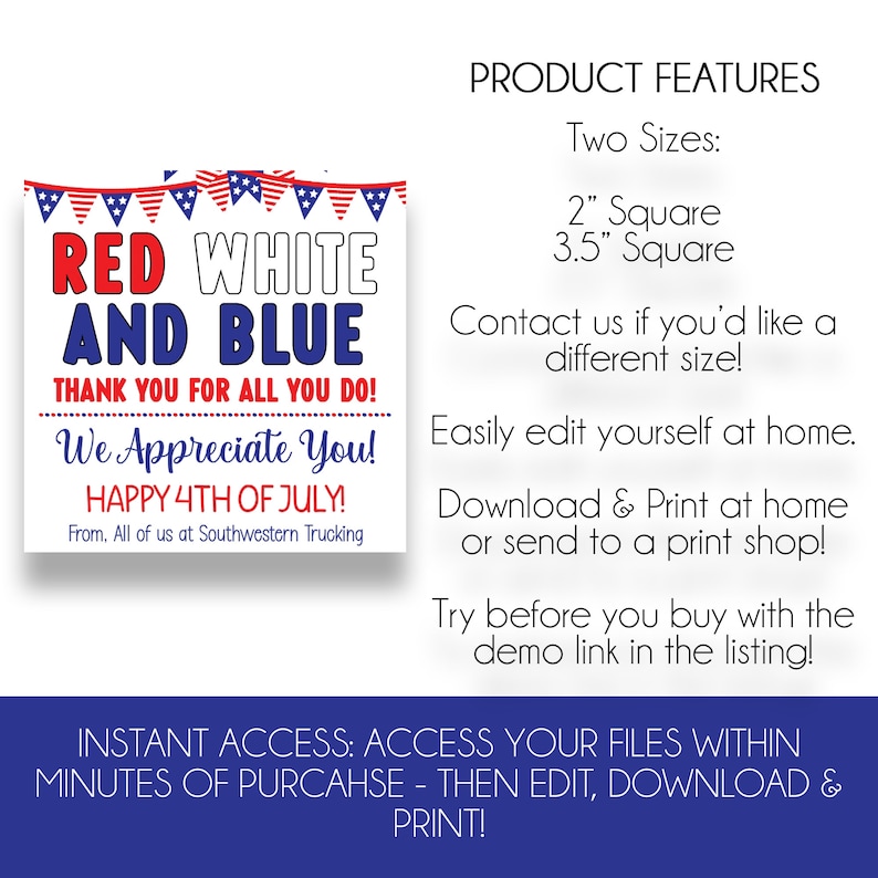May include: A printable sign in red, white and blue colours that reads "Red White and Blue Thank You for All You Do! We Appreciate You! Happy 4th of July!" The sign is available in two sizes: 5 cm square and 9 cm square.  The sign is ideal for a 4th of July celebration.