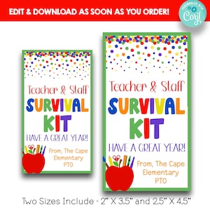 EDITABLE Bright Teacher & Staff Survival Kit Gift Tag | Back to School Teacher Survival Kit Treat Tags | Teacher Appreciation Gift