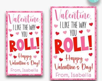 EDITABLE I Like The Way You Roll Kid's Valentine's Day Treat Bag Tags | Printable Class Valentine Tags | Rainbow Candy Valentine | Two Sizes