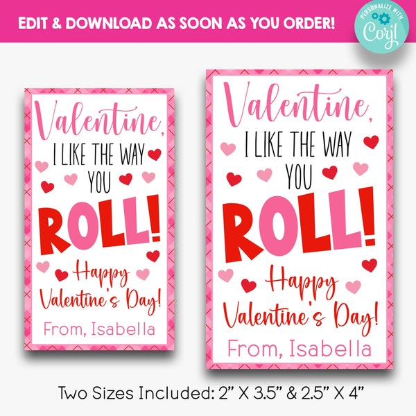 EDITABLE I Like The Way You Roll Kid's Valentine's Day Treat Bag Tags | Printable Class Valentine Tags | Rainbow Candy Valentine | Two Sizes