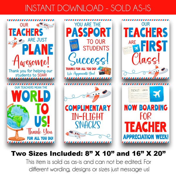 INSTANT DOWNLOAD | Plane Awesome Teacher Appreciation Week Signs | First Class Teachers | Travel Themed Appreciation Signs | Printable Signs