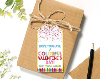 May include: A colorful Valentine's Day gift tag with a confetti background and the text "Hope you have a colorful Valentine's Day!" with the name "Isabella" at the bottom.